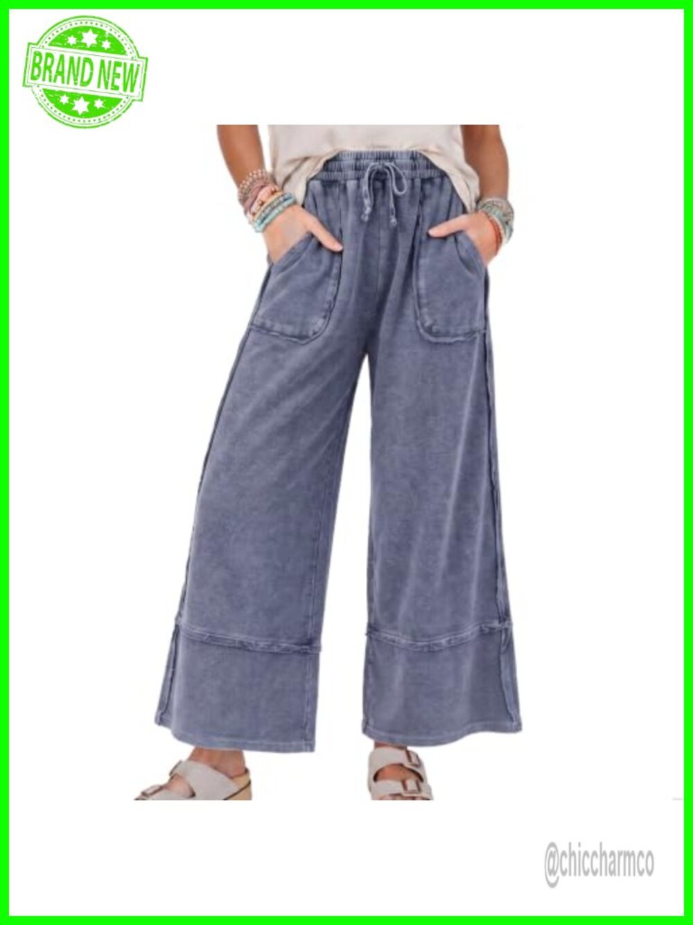 Cotton Mineral Washed Wide Leg Sweatpants Baggy Palazzo Pants with Pockets